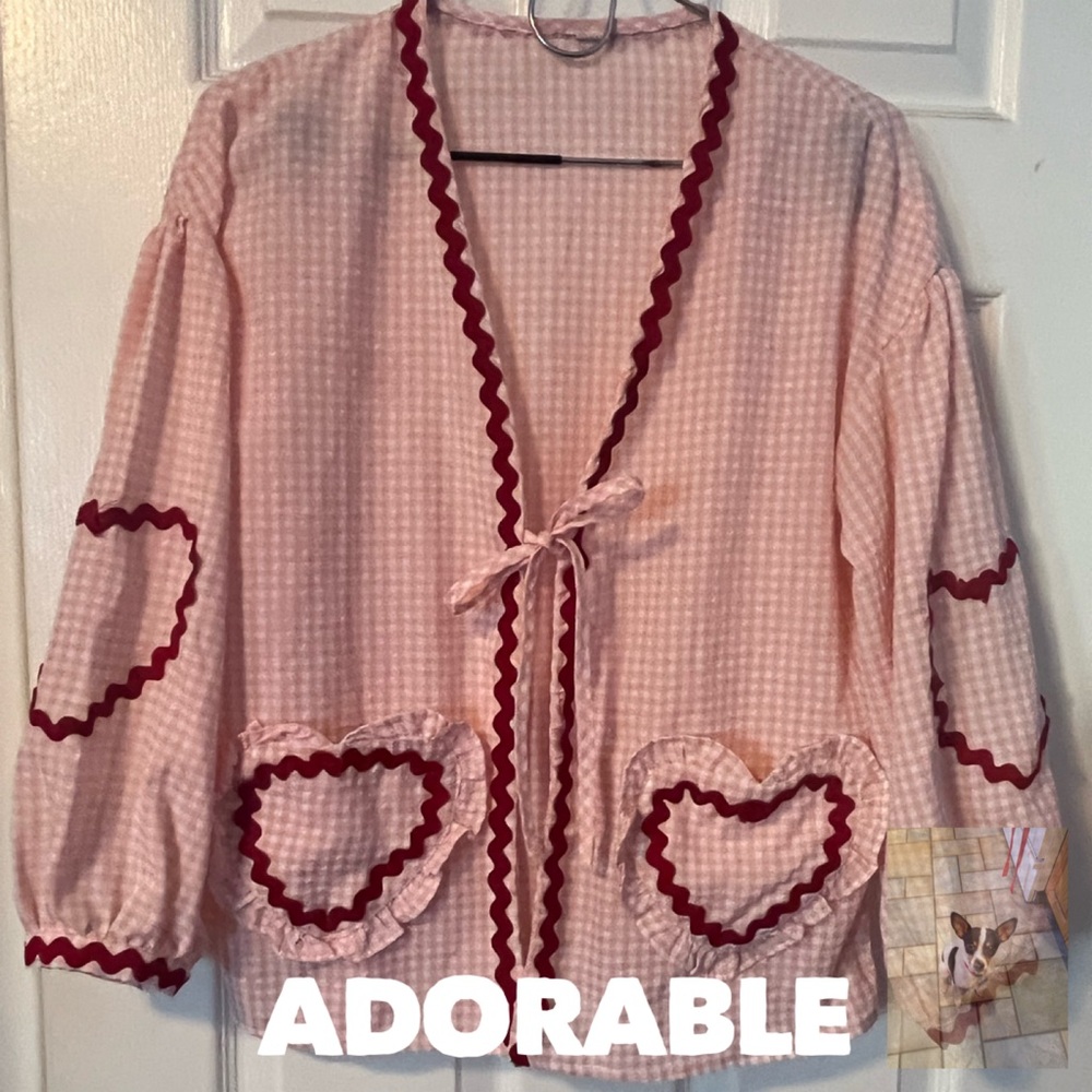 Pink Gingham and Red RickRack Heart Long Sleeve Blouse With Single Tie